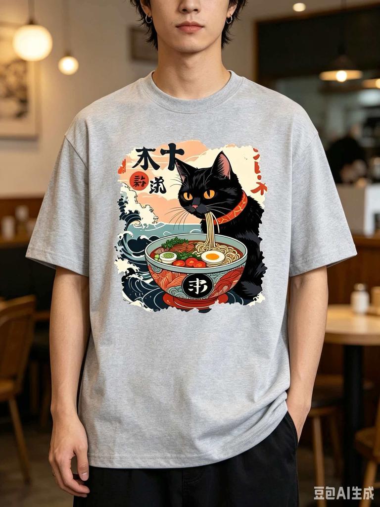 Lamian Noodles Japanese Funny Cotton Cartoon Printed Mens And Womens Personalized Loose Short Sleeve New Fashionable Tshirt