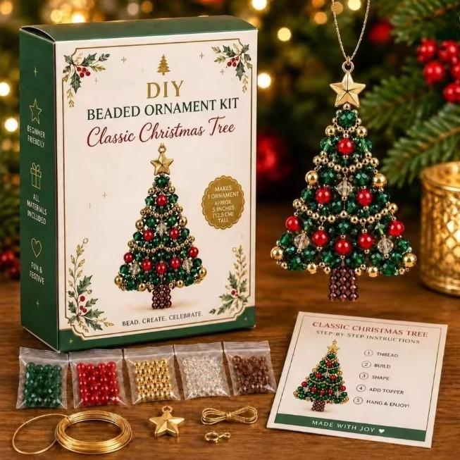 DIY Christmas Tree Beaded Ornament Kit Hand‑make Hanging Pendant with Crystal Tassel for Xmas Tree Holiday Home Party Decor