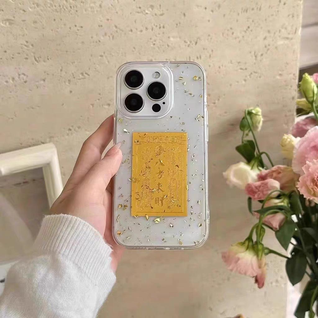 Resin gold leaf Bafang Laicai suitable for iPhone 16 Pro Max case, 15 Pro/14 Transparent 13 Plus