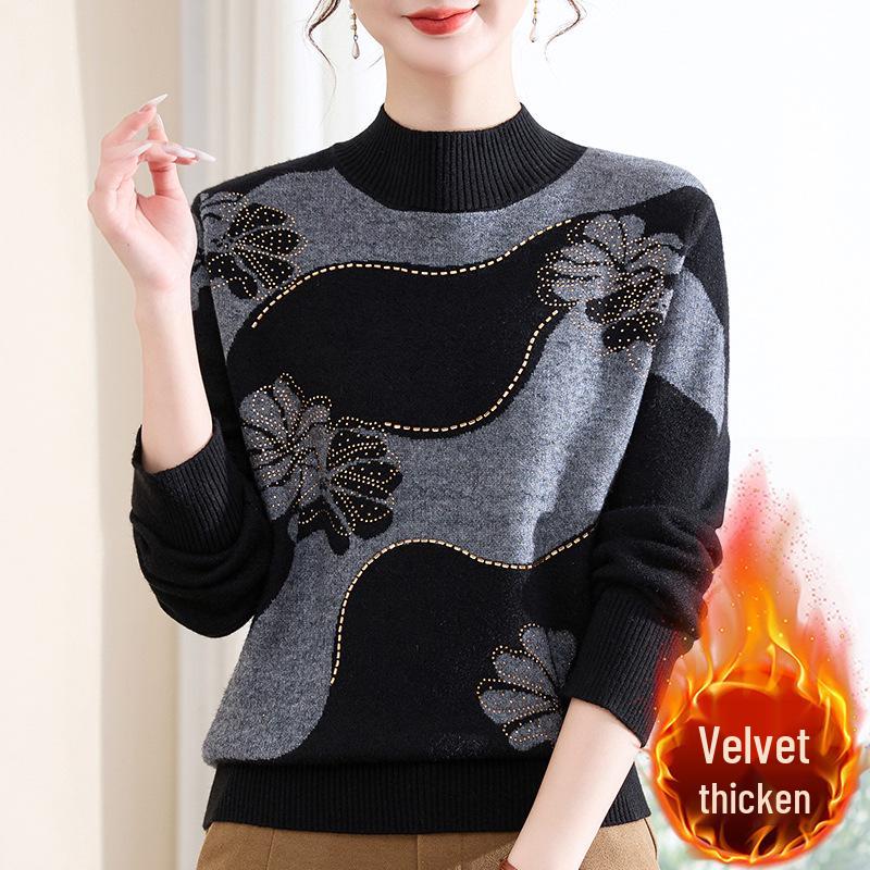 

Stylish Half-High Collar Sweater with Plus Velvet for Middle-Aged and Elderly Women - Autumn/Winter Base Layer Pullover Knit Top 2XL (suggested 105-120 jin)