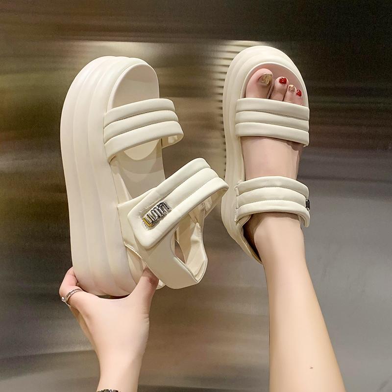 Women Summer High Platform Sandals 9CM Wedges Leather Chunky Slippers 2025 Outside Ankle Strap Sandals Beach Casual Slides Woman