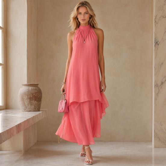 Maxi Abito da Donna Fluido in Chiffon, Senza Maniche con Scollo all'Americana, Abito da Ospite per Matrimonio, Orlo Asimmetrico, Abito da Sera Formale Estivo, Abito da Cocktail
