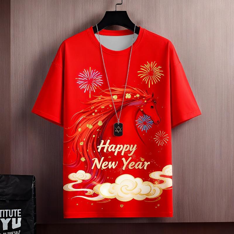 Men's T-shirt Simple Loose O Neck Horse Year Red Interesting Pattern Summer Fashion Casual Versatile Loose 3d T-shirts