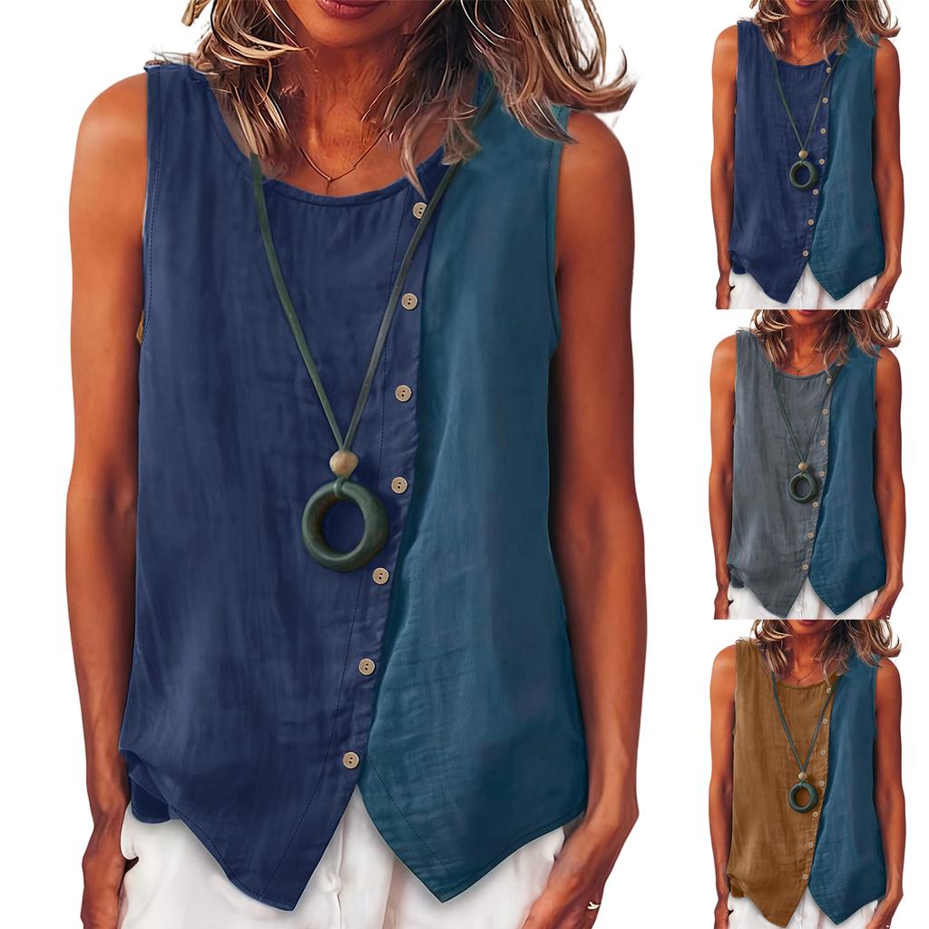 Canotta da donna a blocchi di colore, alla moda, con temperamento, elegante, girocollo