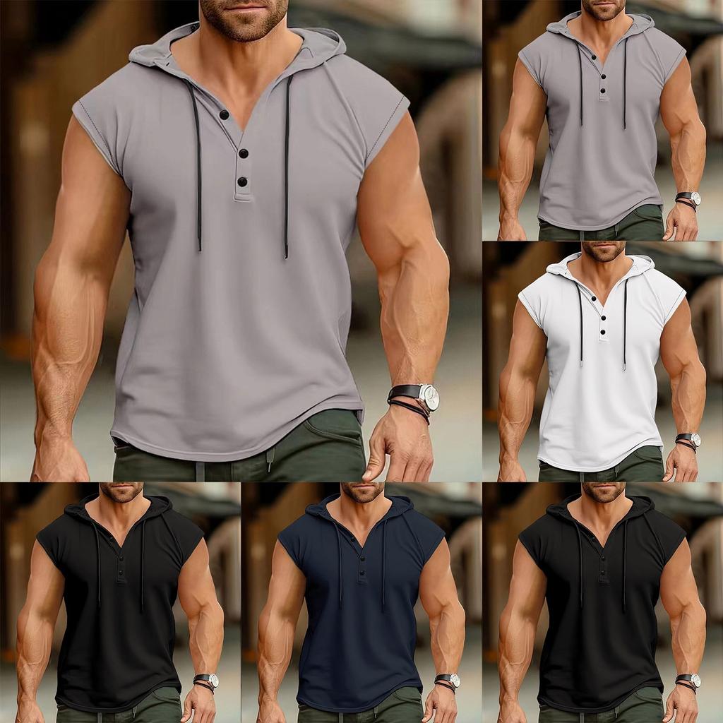 Men's Solid Color Button Hooded Vest Men's Casual Hooded Vest
