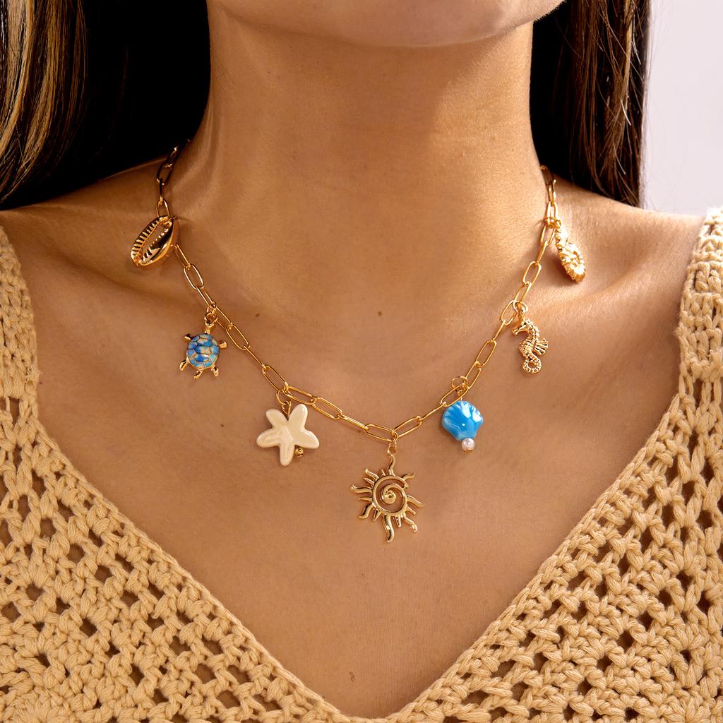 Bohemian Muschel Muschel Seestern Schlüsselbein Halskette für Damen Bunte Sonne Kokosbaum Choker Kette Urlaub Strand Schmuck Geschenk
