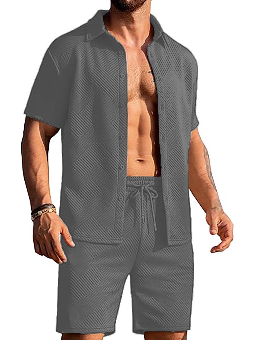 

2026 Knitted Summer Beach Button-Up Top & Shorts Set with Pockets 2X Large темно-серого