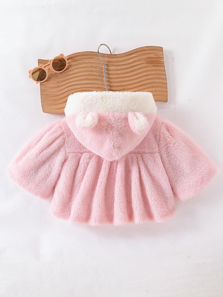Baby girl's pink hooded plush coat for autumn and winter, thick and made of faux rabbit fur, a short plush cardigan for outdoor wear