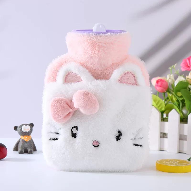 Trendy New Style Water-Filled Hot Water Bottle with Rabbit Fur, Single-Hand Insert Hand Warmer, Cute Cartoon Water-Filled Hot Water Bag for Students