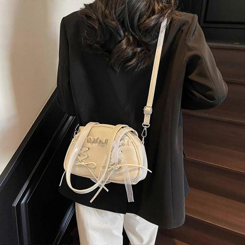 Fashionable Lace Embellished Shoulder Bag Bowknot Design PU Leather Crossbody Bags Casual Underarm Purse For Women Pink