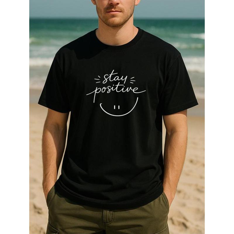 

Trendy Printed T-Shirt Featuring a Smiling Face Character with The Phrase Stay Positive , Easy Style with a Round Neck And Short Sleeves S чёрный