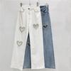High Street Frühling Herbst Lose Abnehmen Gerade Hohe Taille Jeans Breite Bein Hosen Frauen Herz Form Diamant Denim Baggy Hosen