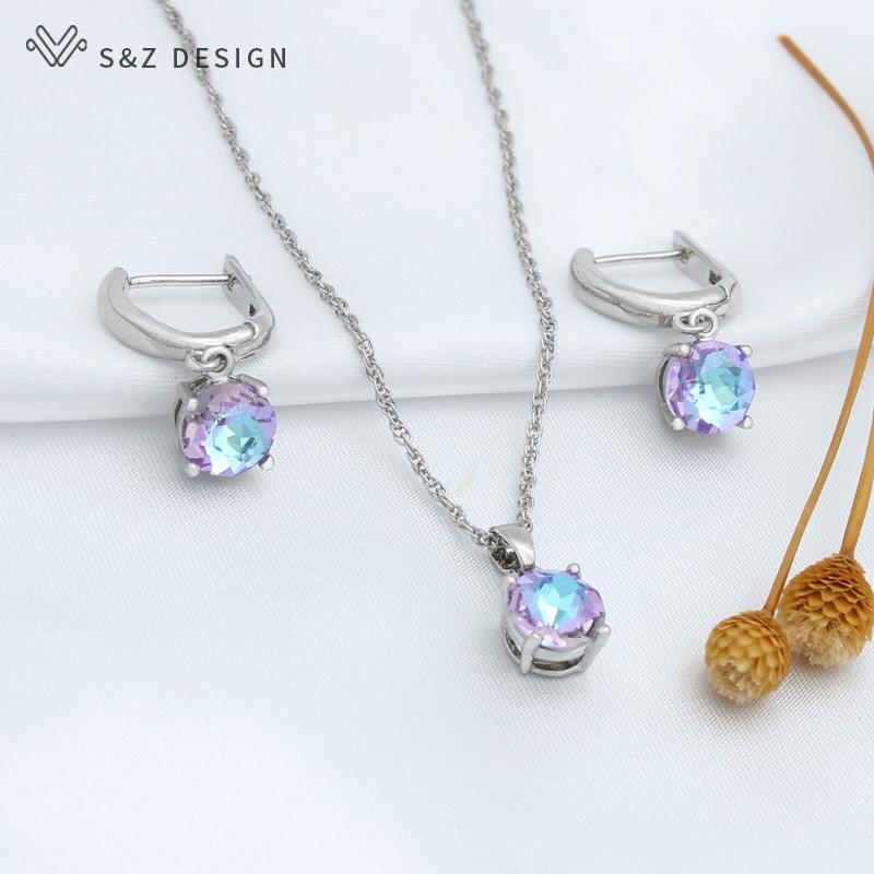 Fashion Rose Gold Color Round Crystal Drop Earrings Pendant Necklace Jewelry Sets For Women Wedding Party Gift