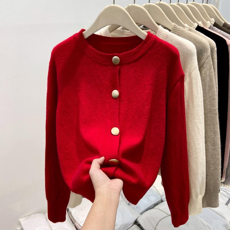 Мягкий восковой вязаный свитер женский однобортный простой однотонный топ куртка весенний кардиган, омолаживающий L красный