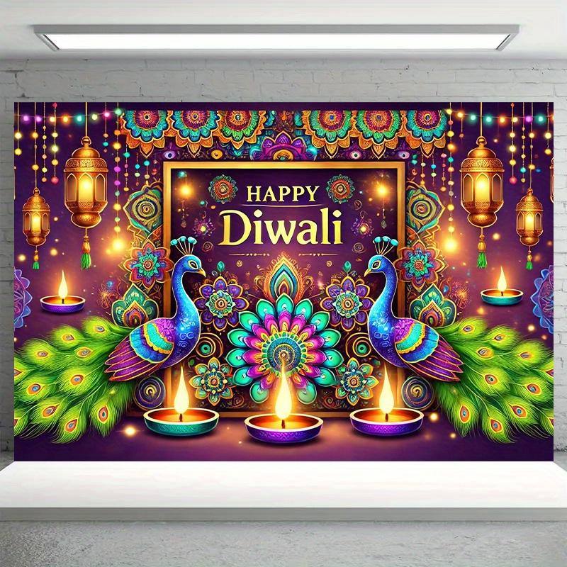 1 Vibrant Diwali Backdrop Cloth - Colorful Peacock and Diya Design  No Power Required