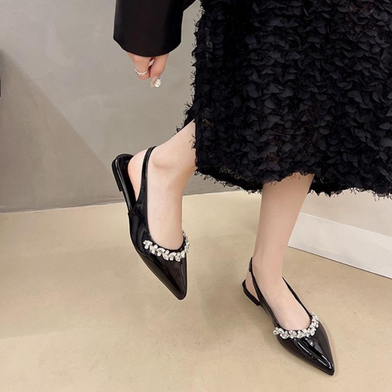 Fashion French Pointed Toe Shallow Mouth Low Heel Shoes Spring and Summer Temperament Baotou Rhinestone Soft Sole Shoes