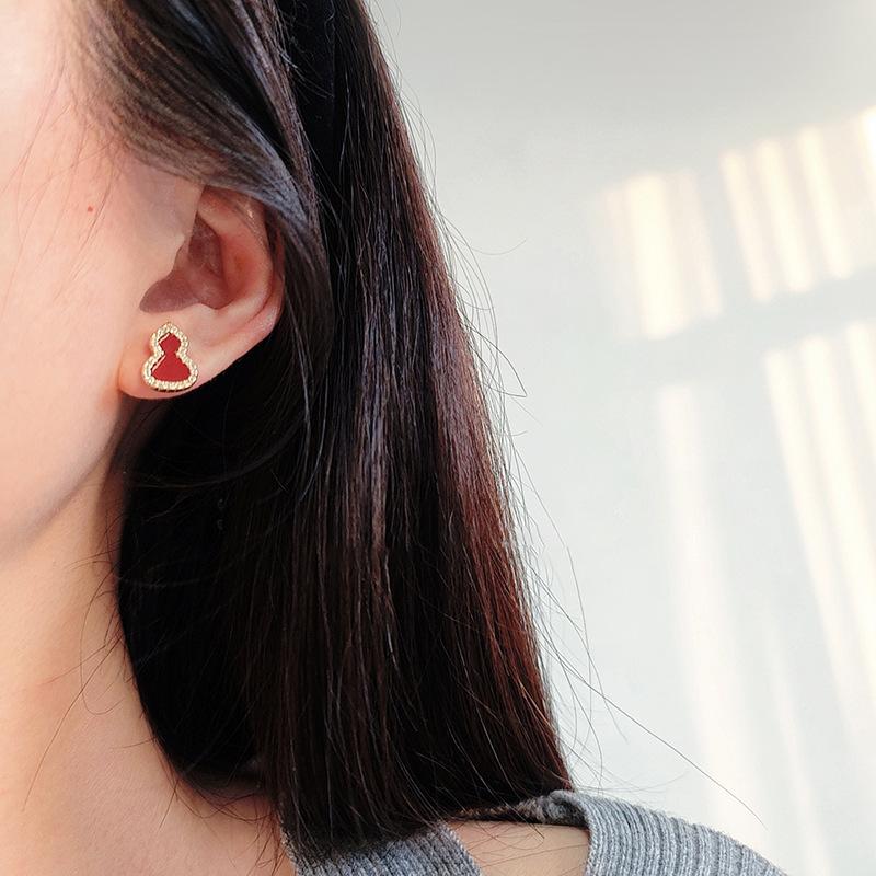 New Chinese style oil dripping zircon gourd stud earrings fashion same earrings light luxury Guochao versatile earrings women