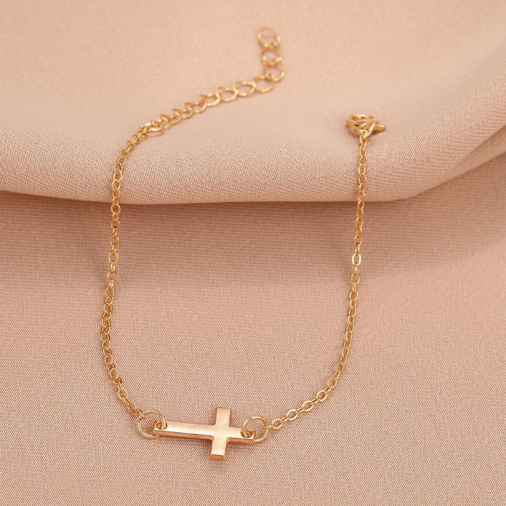 Simple Gold Color Cross Chain Bracelet for Women Shiny Charm Hand Bracelet Wedding Jewelry