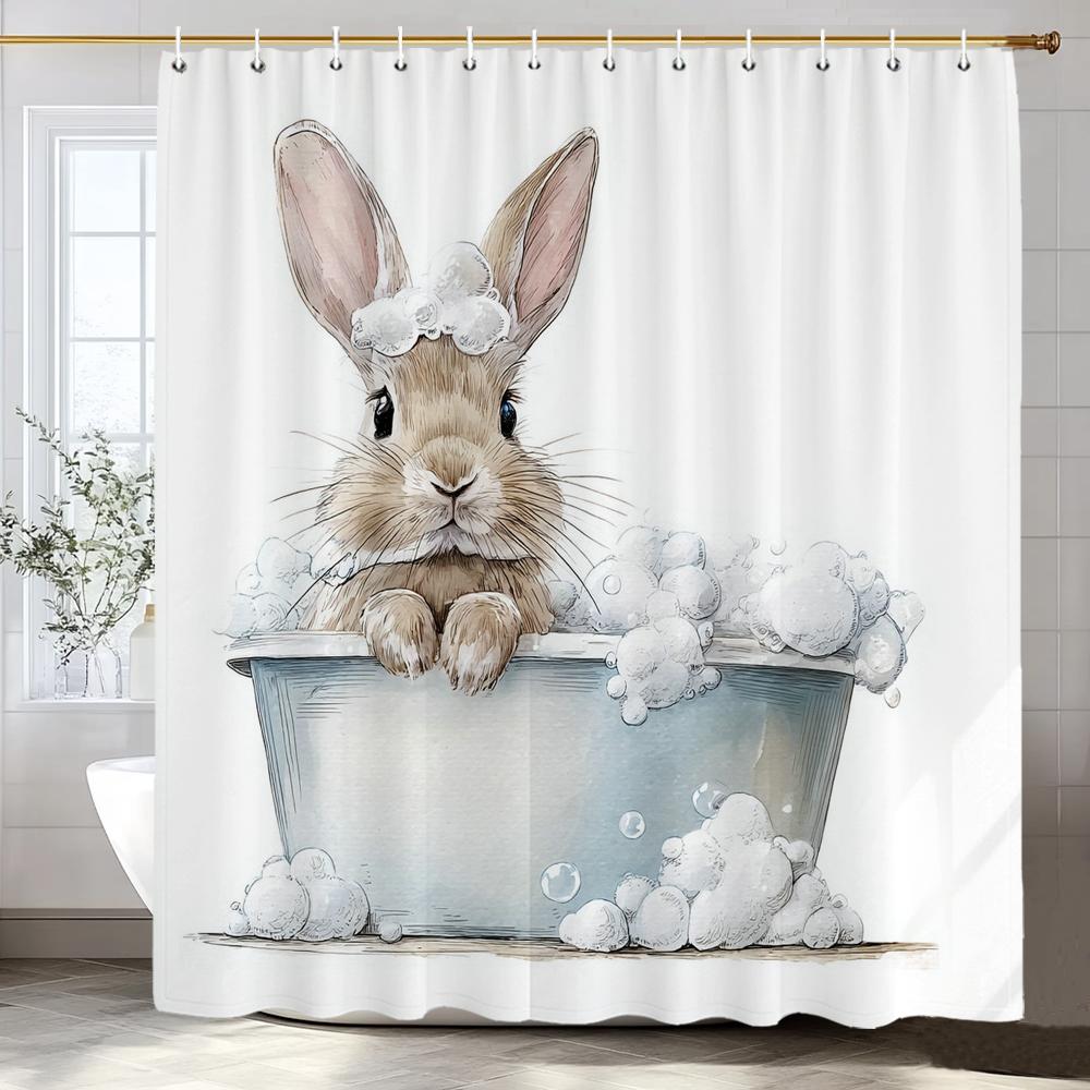 1pc Cartoon Cute Rabbit Bathing in Bathtub Print Waterproof Shower Partition Privacy Hanging Curtain with Hooks Machine Washable