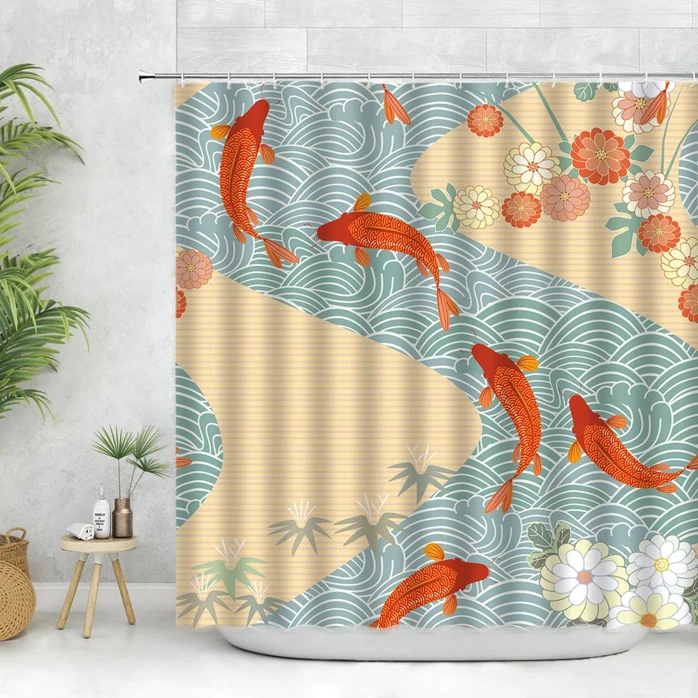 Chinese Style Goldfish Shower Curtain Set Koi Fish Watercolor Waves Wall Decorate White Cloth Bathroom Curtains Polyester Fabr