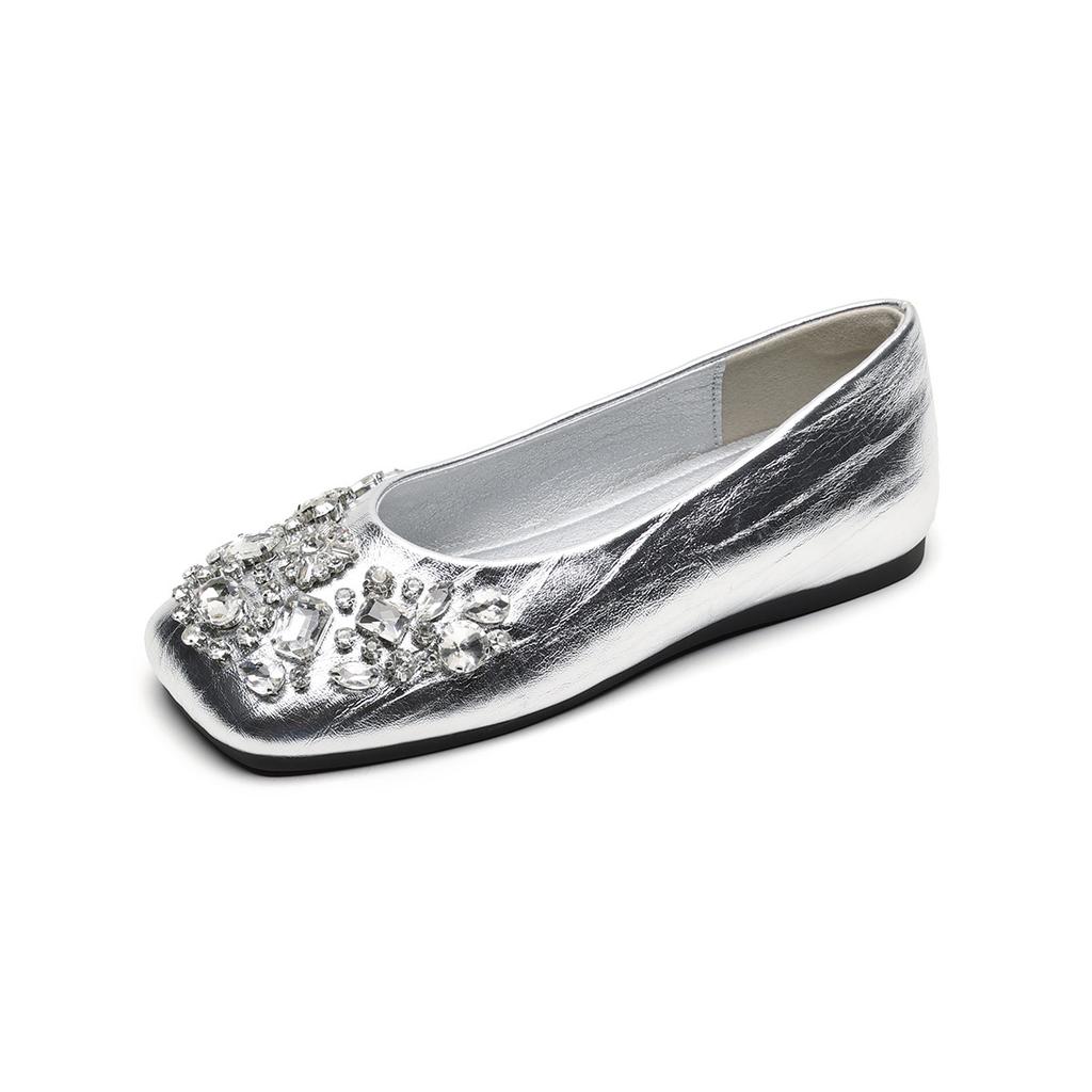 Square head single shoes women's flat bottom rhinestone shallow mouth laden shoes gentle with skirt women's shoes