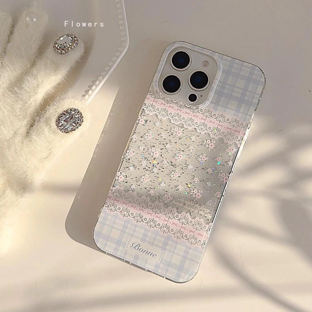 Spring and Summer Pink and Blue Floral Application Apple 17 Mobile Phone Case iPhone16Pro Glitter IMD15 Plaid 13/12/14