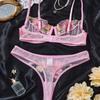 Pink French Bra Thong Set Sexy Ultra-thin Perspective Mesh Sexy Underwear Women