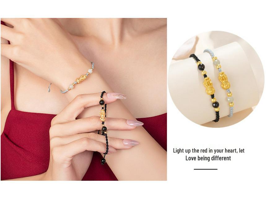 Pixiu 999 Silver Hetian Jade Bracelet with Black Agate - Unisex National Tide Court Style