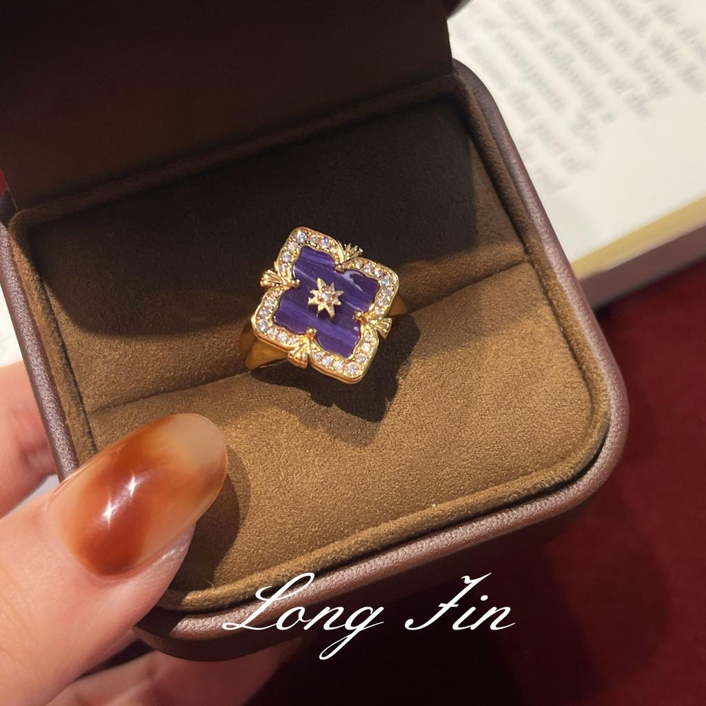French Retro Four-Leaf Clover Window Grilles, Purple Dragon Crystal Jewelry Set, Necklace, Bracelet, Earrings, And A Ring.