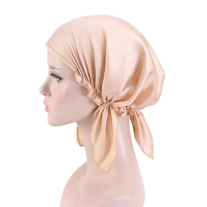 1Pc Women's Comfortable Headscarf Turban Head Cover Solid Color Hair Care Bonnet Hat Night Sleep Cap Imitated Silk