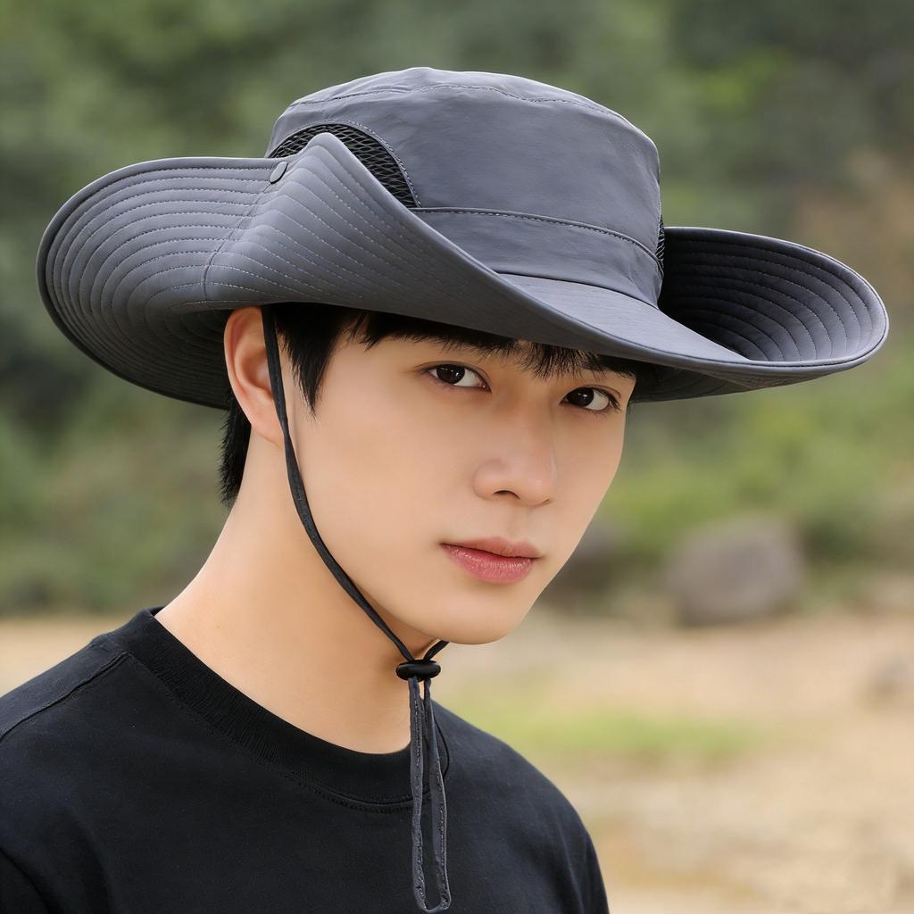 Summer New Large-Brim Solid Color Fisherman Hat Outdoor Mountaineering Hat Fashion Windproof Rope Fishing Hat Casual Sun Hat