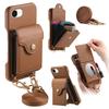 For iPhone 16e Case Mirror Card Holder Litchi Texture Leather Phone Back Cover with Long Strap