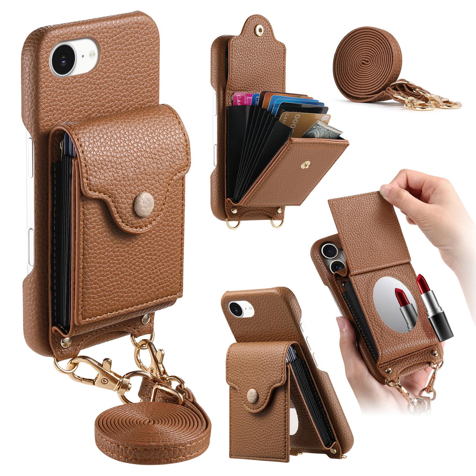 

For iPhone 16e Case Mirror Card Holder Litchi Texture Leather Phone Back Cover with Long Strap Brown