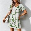 Summer Fashion Women's V Neck Short Sleeve Retro Geometric Pattern Printed  Dress Sex Short Skirt Dresses