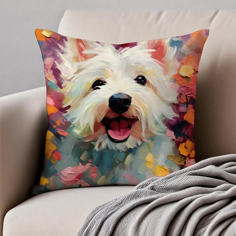 Cute West Highland White Terrier Pet Cushion Cover Pillowcase Antidustmite Invisible Zipper Short Plush Sofa Cushion