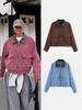 Damen-Cordjacke im Retro-Stil mit Patchwork-Design, Lederkragen und Revers