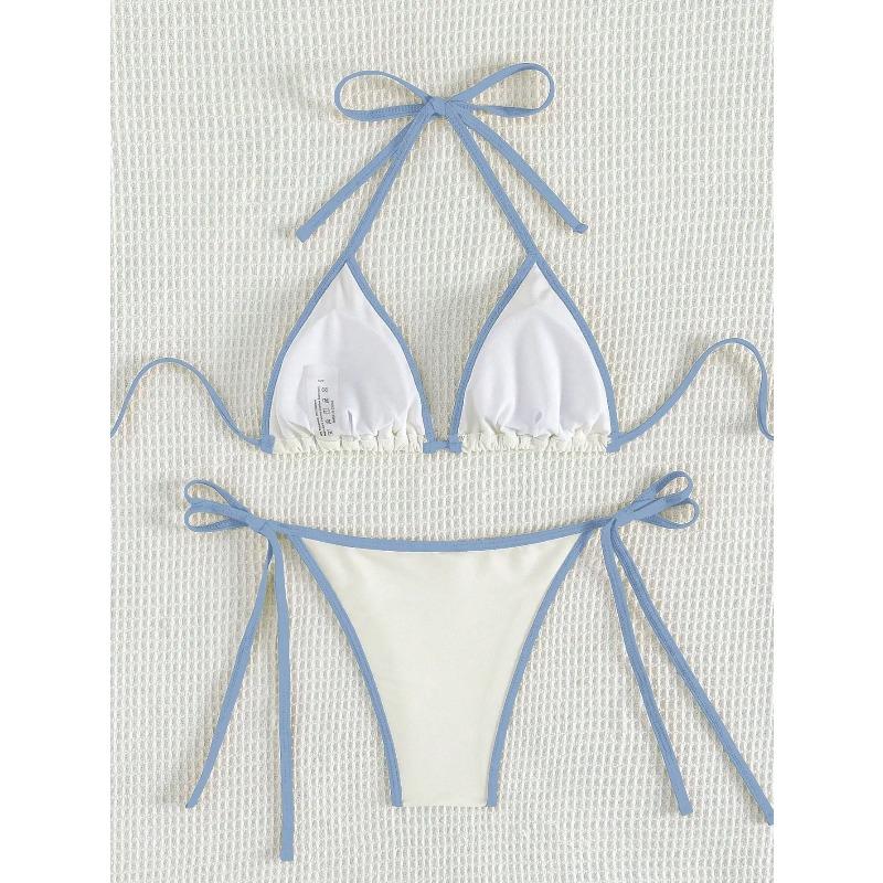 Summer White and Blue Color-block Bow-tie Pure Bikini Set Suitable for Women's Beach Vacation