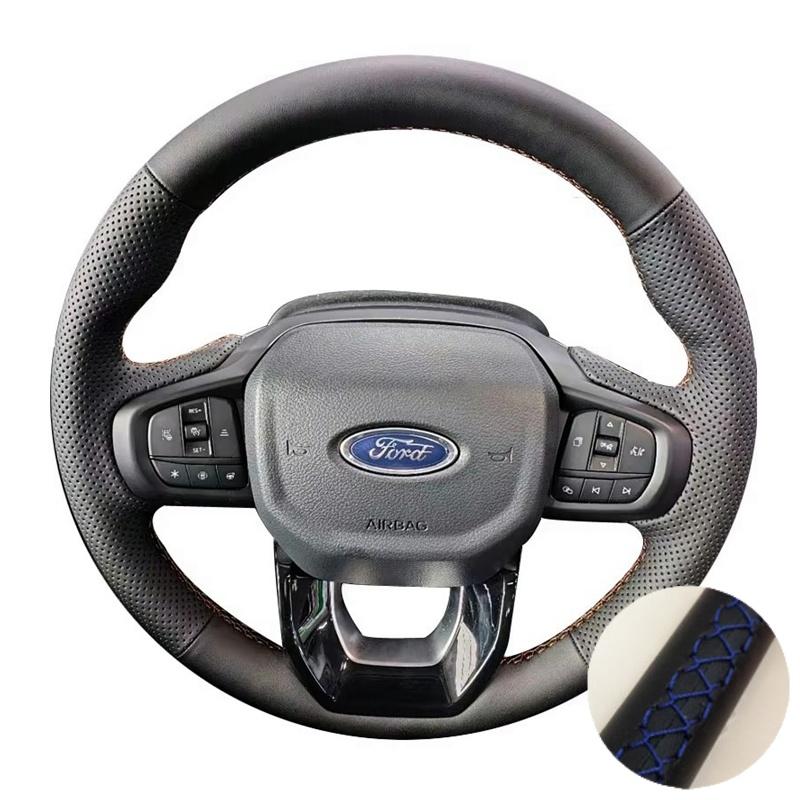Perforated Leather Cover Hand Sewing Car Steering Wheel Cover Trim Black For Ford Ranger Everest -2024