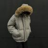 Winter Hooded Puffer Jacket With Detachable Faux Fur Collar Short PU Leather Coat Men Women Couples