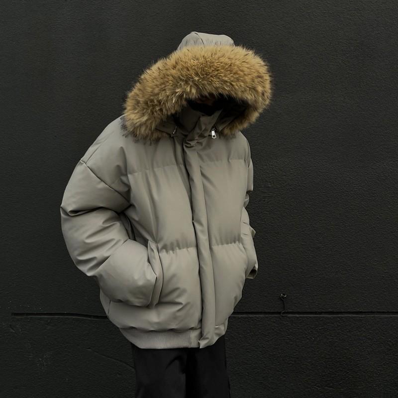 Winter Hooded Puffer Jacket With Detachable Faux Fur Collar Short PU Leather Coat Men Women Couples