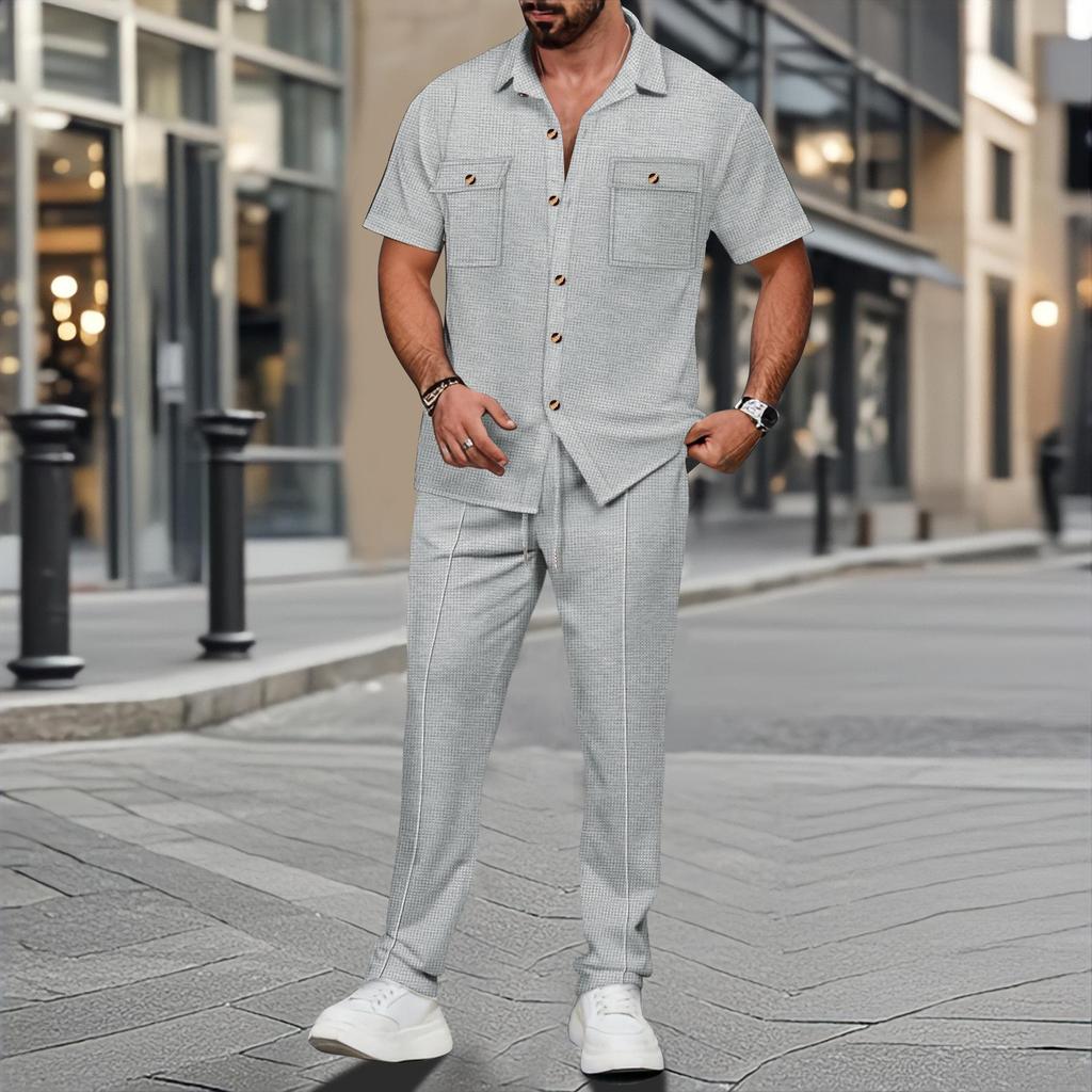 Men's Solid Color Button Pocket Short Sleeve Shirt and Long Pants Two-Piece Set - Summer 2025 Collection