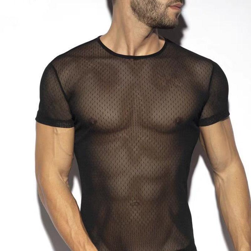 Americká Nová Pánská Letní Krajková Průsvitná Módní Tílka Kulatý Výstřih Ležérní Osobnostní Tričko