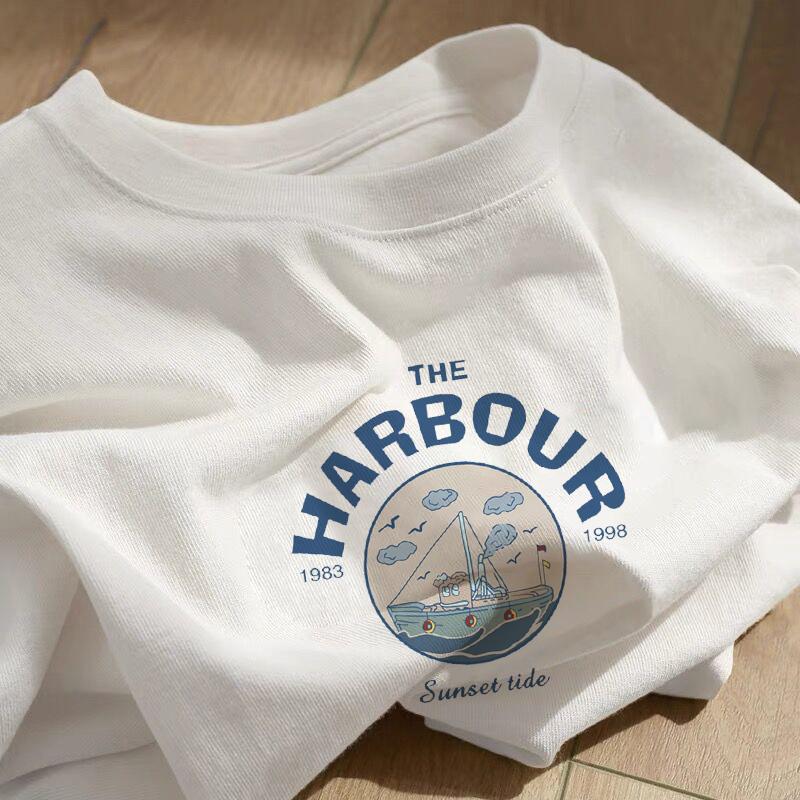 Heavy cotton cartoon print short-sleeved t-shirt women's 2025 new summer loose large size white crew neck top