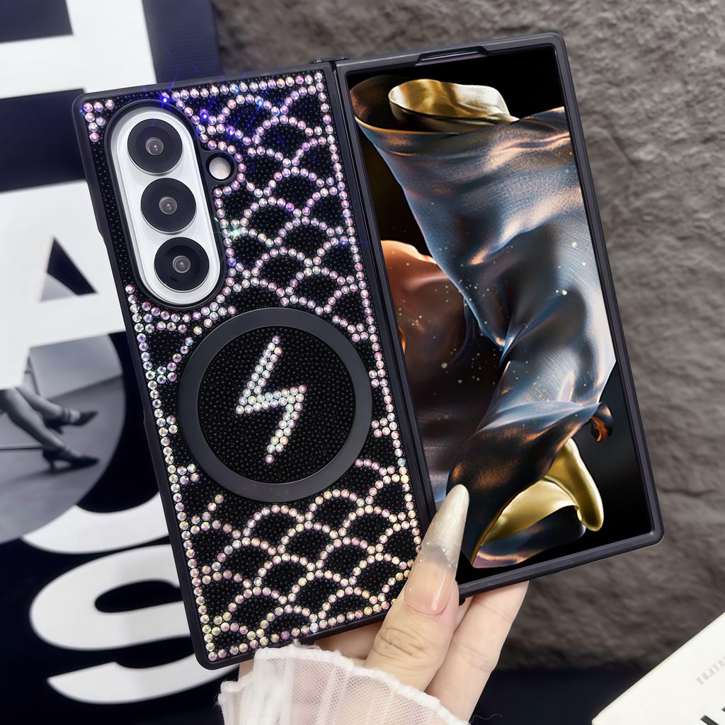 Riffel-Diamant Magnetische Handyhülle Für Samsung Z Fold 7 6 5 4 Helles Leopardenmuster PC Kristallkette Stoßfeste Schutzhülle