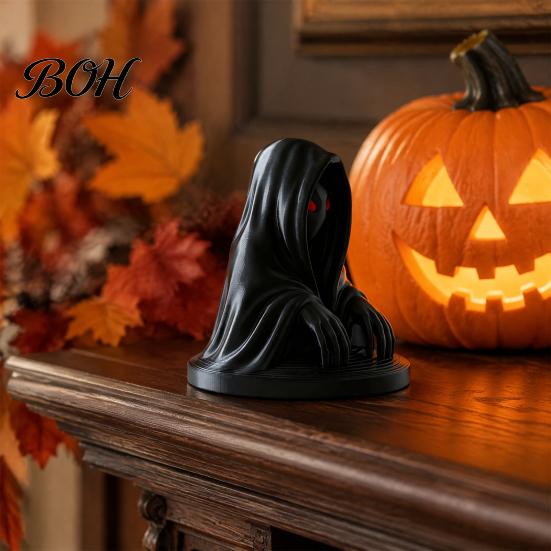 Matte Black Collectibles Halloween Cloaked Ghost Figurine with Red Eyes, 3D Printed Spooky Desk Ornaments Gothic Ornament for Cabinet Escape