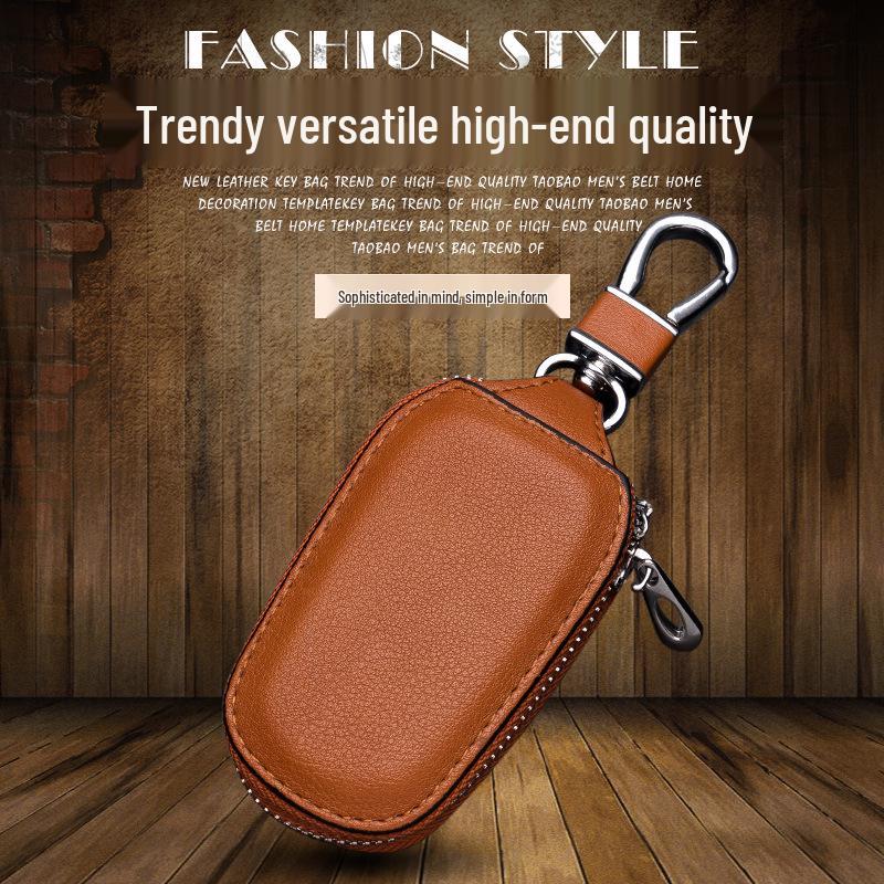 Men's Universal Cowhide Leather Car Key Case with Car Logo and Waist-Hanging Zipper
