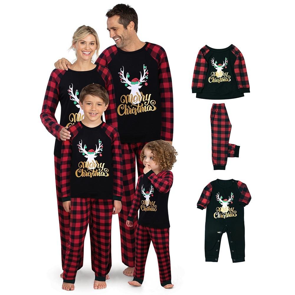 Family Matching Plaid Stitching Plus Size Thermal Long Sleeve Christmas Pajamas Set Cozy Holiday Homewear Parent Child Outfit