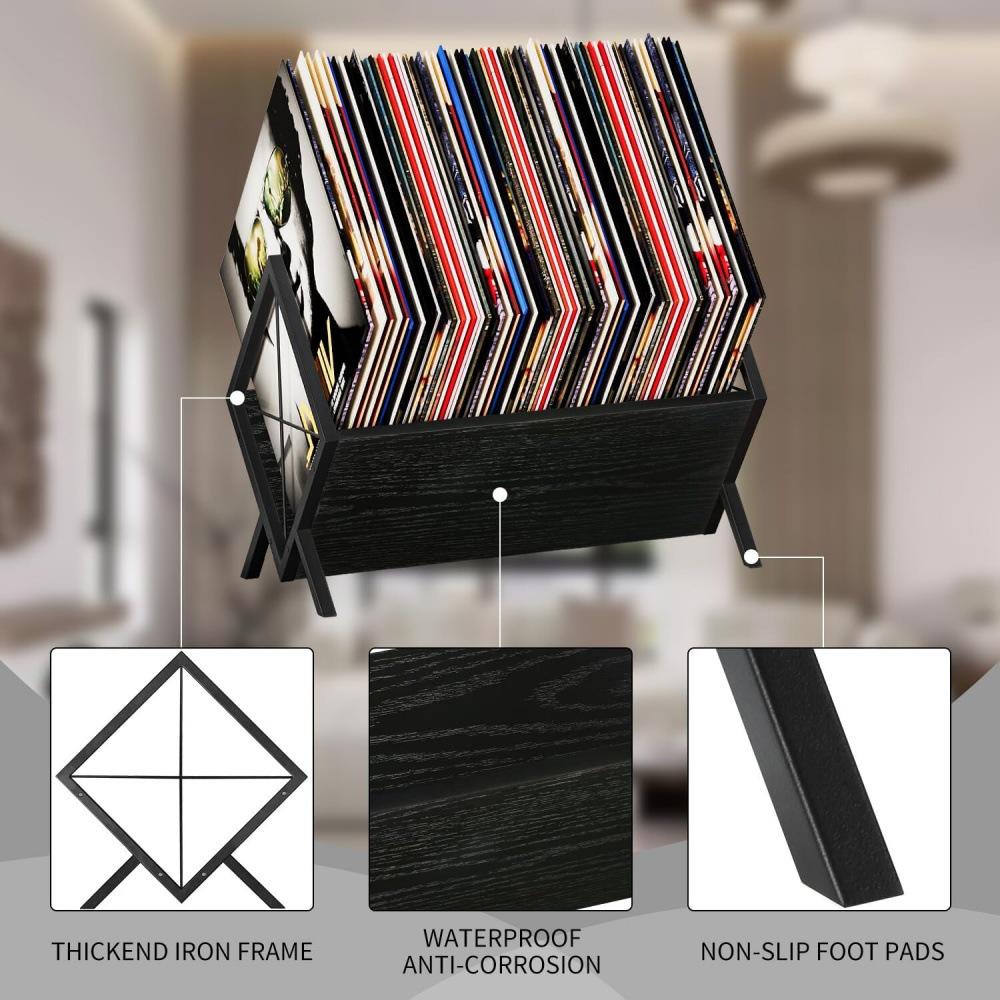 Ironwood Black Vinyl Record, CD, and Book Rack - Iron/Wood Combo Storage Shelf