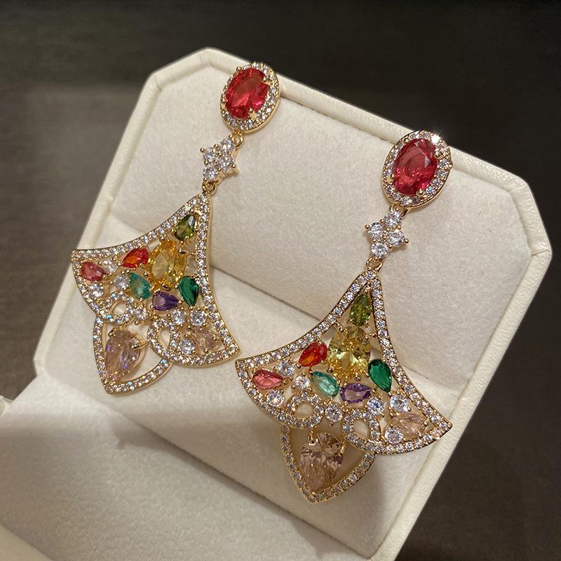 Silver Needle New Chinese Zircon Leaf Water Drop Earrings Light Luxury Premium Sense Earrings Retro Court Style Temperament Earrings Women