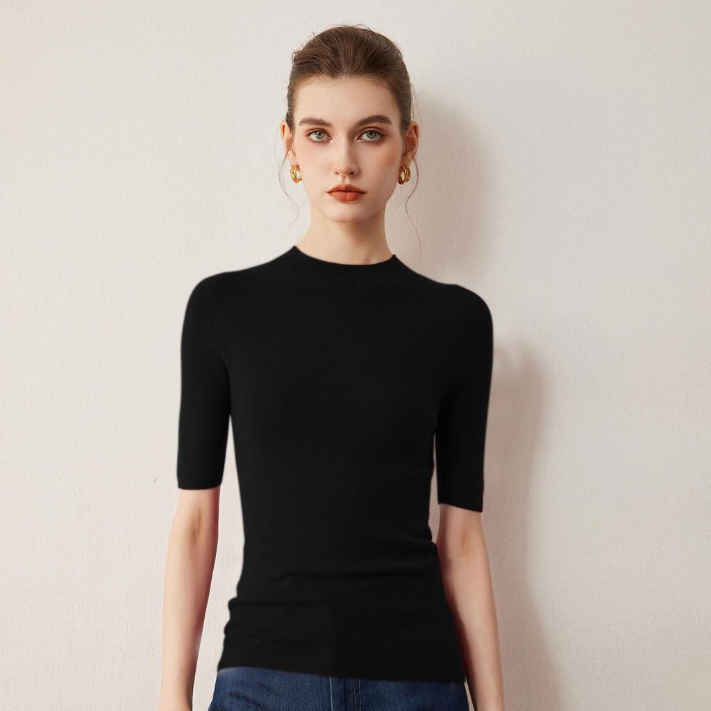 Women's 100% Merino Wool Slim Fit Sweater, 60 Count, Half-High Neck, Elegant Style, Thin Base Layer, Short Knitwear